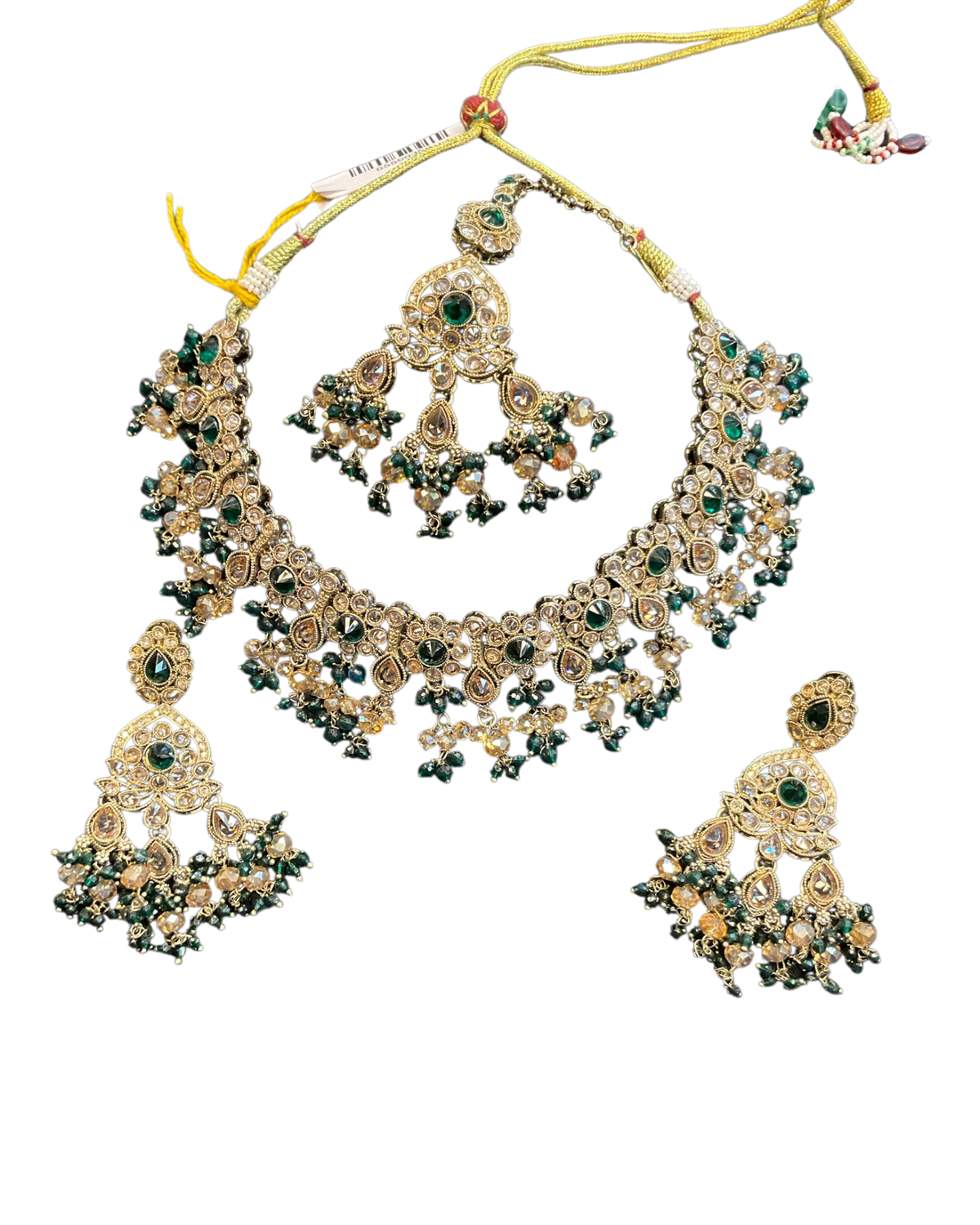 Green - Large Size Antique Gold Finish Necklace Set with Earrings & Head Piece - Bollywood - AE2513 08KK25 - Prachy Creations