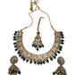 Green - Large Size Antique Gold Finish Necklace Set with Earrings - JIG49 11H24 - Prachy Creations