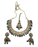 Green - Large Size Antique Gold Finish Necklace Set with Earrings - JIG49 11H24 - Prachy Creations