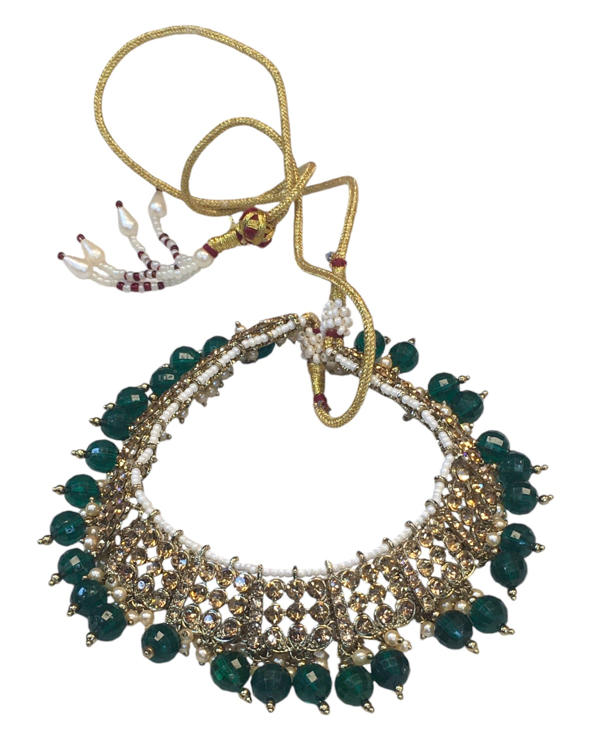 Green - Large Size Antique Gold Finish Necklace Set with Earrings - JIG49 11H24 - Prachy Creations