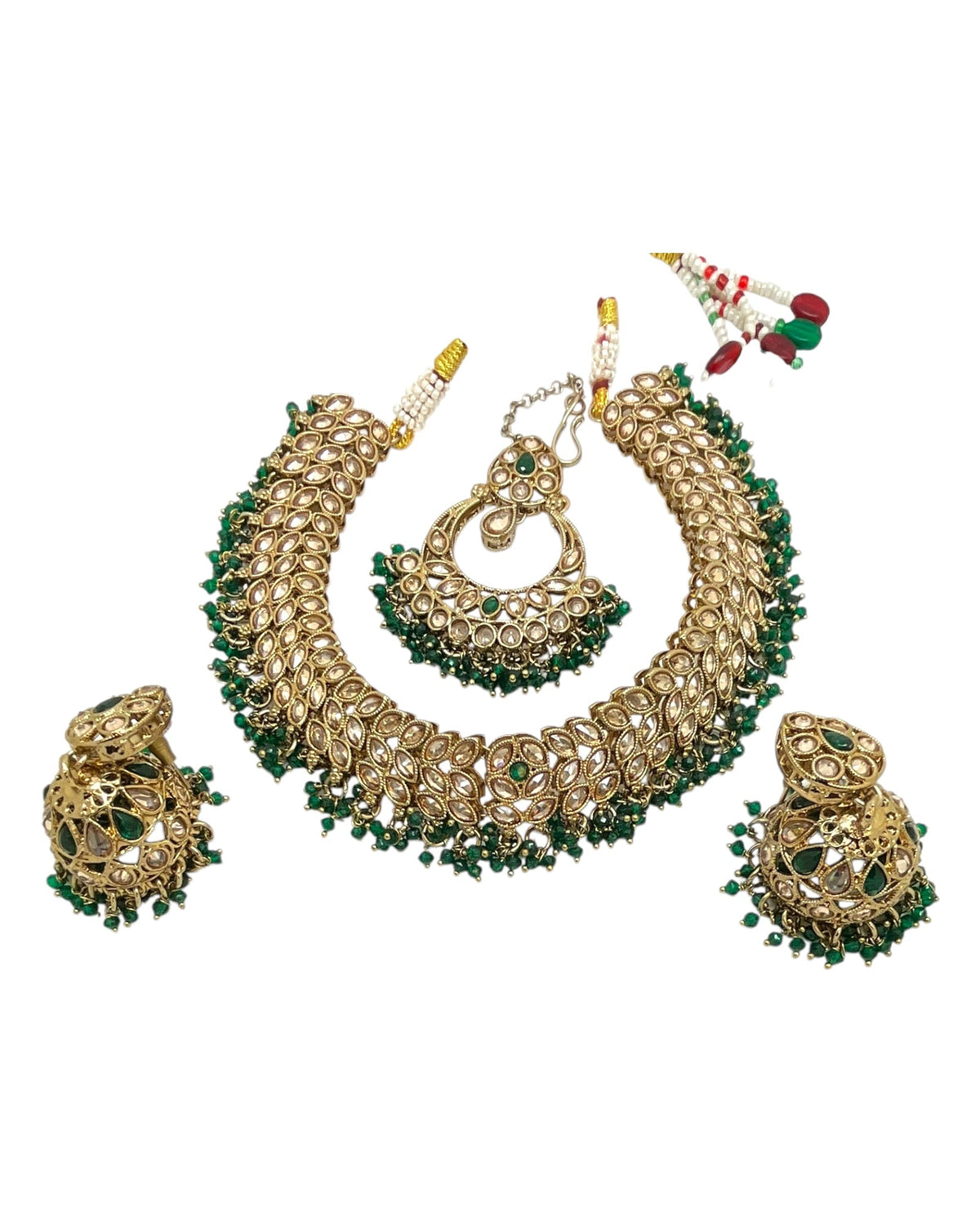Green - Large Size Antique Gold Finish Necklace Set with Earrings & Tika (Head Piece) - UK Stock - GGA17 08KK25 - Prachy Creations