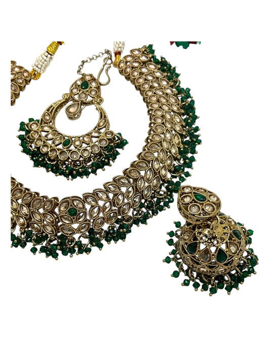 Green - Large Size Antique Gold Finish Necklace Set with Earrings & Tika (Head Piece) - UK Stock - GGA17 08KK25 - Prachy Creations