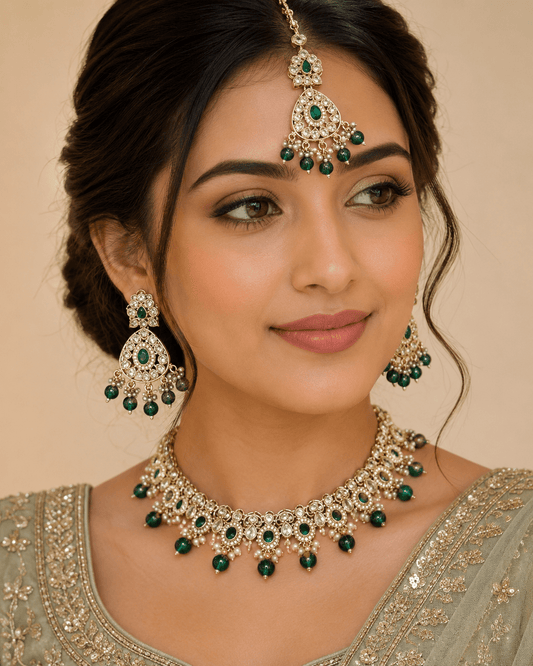 Green - Large Size Antique Gold Finish Necklace Set with Earrings & Tika (Head Piece) - UK Stock - JIG86 08C25 - Prachy Creations
