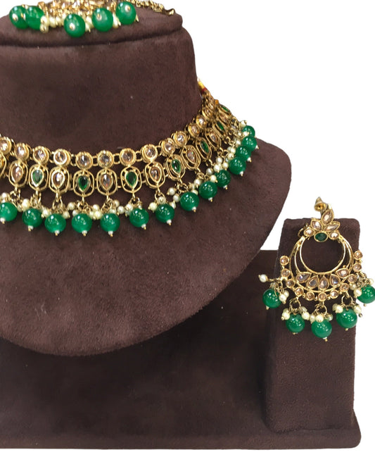 Green - Large Size Antique Gold Finish Necklace Set with Earrings - VJY403 C 0424 - Prachy Creations