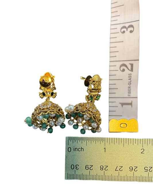 Green - Medium - Antique Gold Finish Traditional Earrings - Bollywood - Weddings - AE2611 P - Prachy Creations