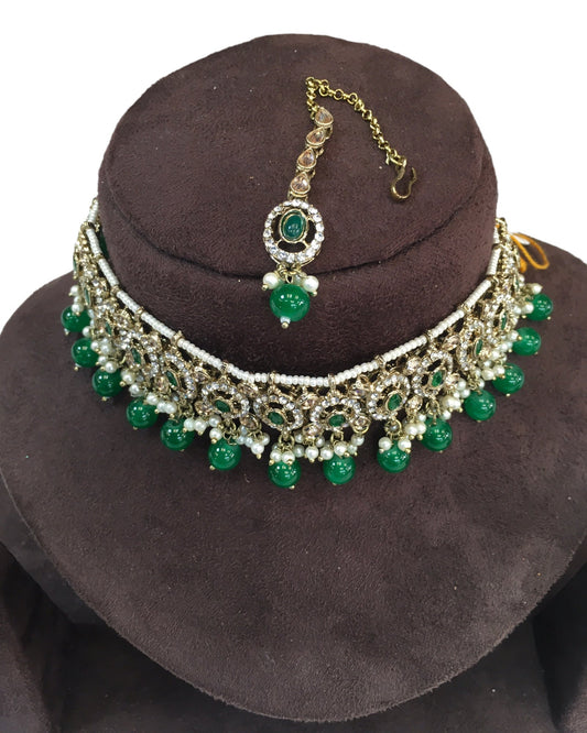 Green - Medium Size Antique Gold Finish Choker Necklace Set with Earrings - RAK149 C 0424 - Prachy Creations