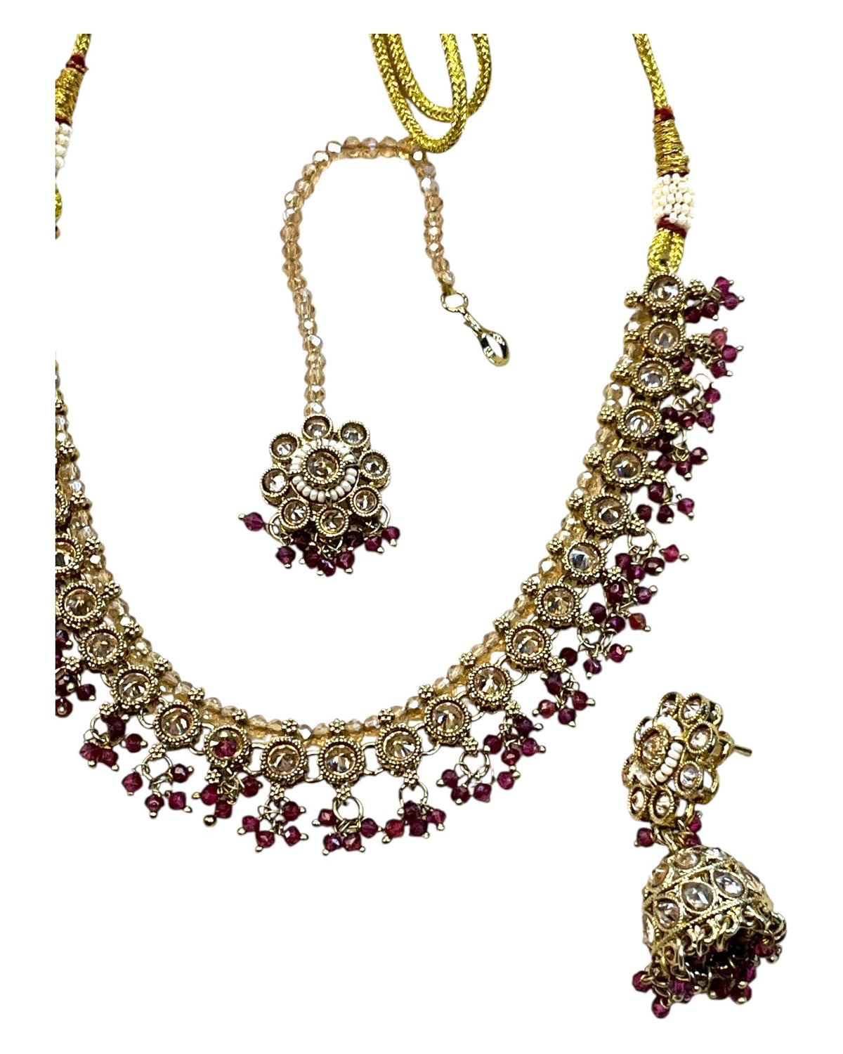 Green - Medium Size Antique Gold Finish Necklace Set with Earrings & Head Piece - RAK417 08R25 - Prachy Creations