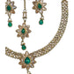 Green - Medium Size Antique Gold Finish Necklace Set with Earrings & Head Piece /Tika- SLV80 11H24 - Prachy Creations