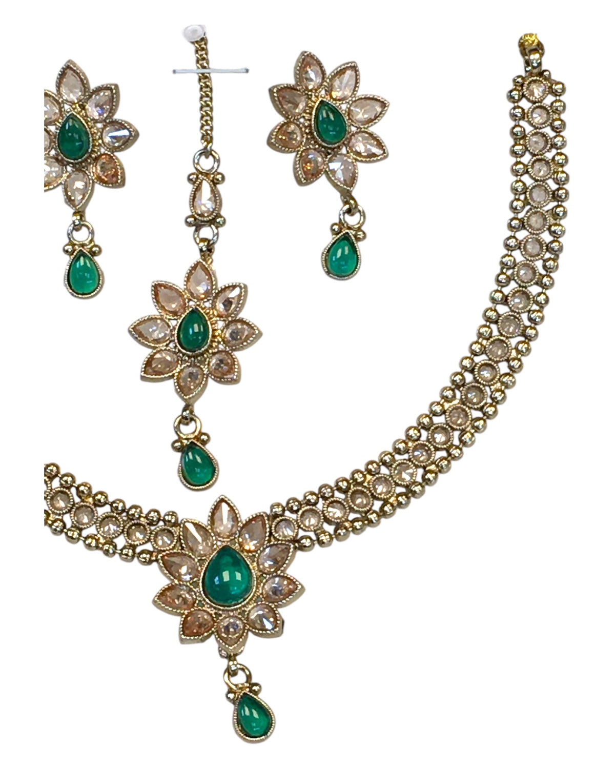Green - Medium Size Antique Gold Finish Necklace Set with Earrings & Head Piece /Tika- SLV80 11H24 - Prachy Creations