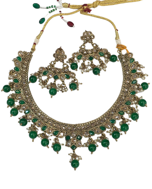 Green - Medium Size Antique Gold Finish Necklace Set with Earrings - HR1008 KK 0424 - Prachy Creations