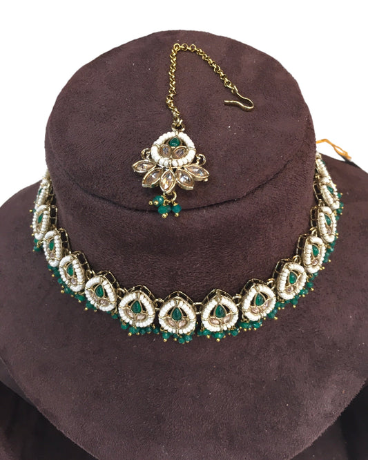 Green - Medium Size Antique Gold Finish Necklace Set with Earrings - RAK122 R 0424 - Prachy Creations