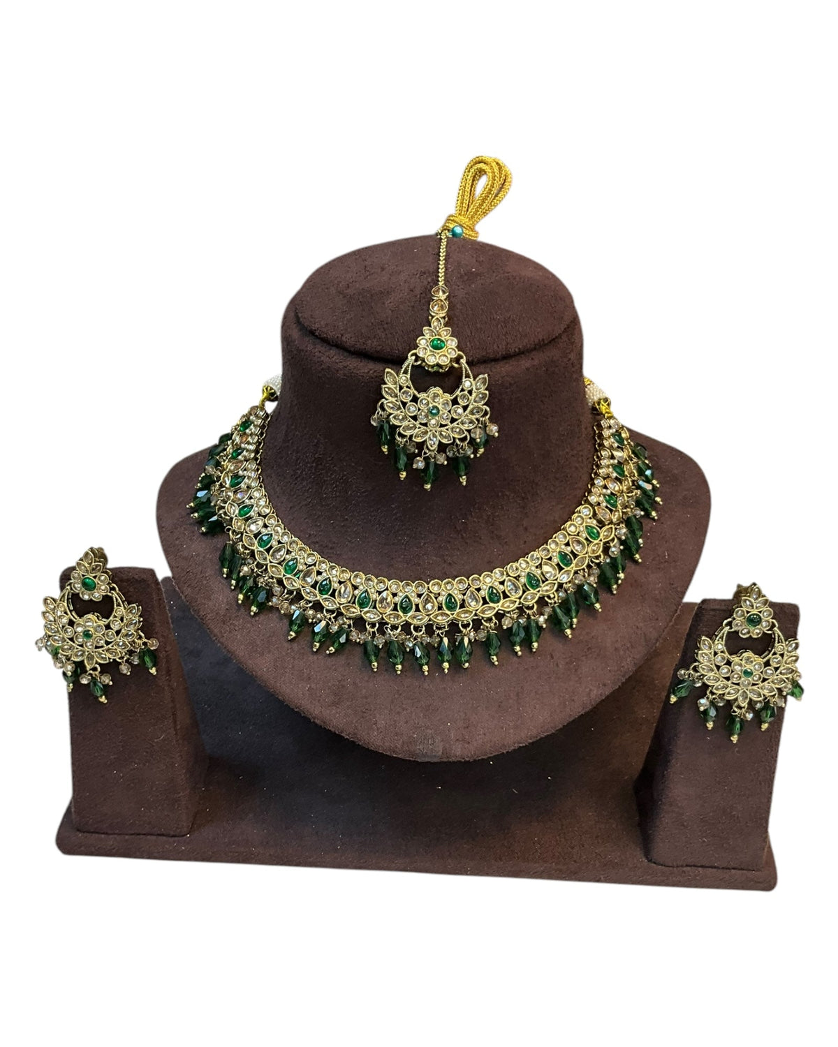 Green - Medium Size Antique Gold Finish Necklace Set with Earrings - RZ31 KYp - Prachy Creations