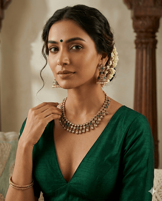 Green - Medium Size Antique Gold Finish Necklace Set with Earrings - SJ06 08H25 - Prachy Creations
