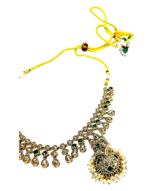 Green - Medium Size Antique Gold Finish Necklace Set with Earrings - SJ06 08H25 - Prachy Creations