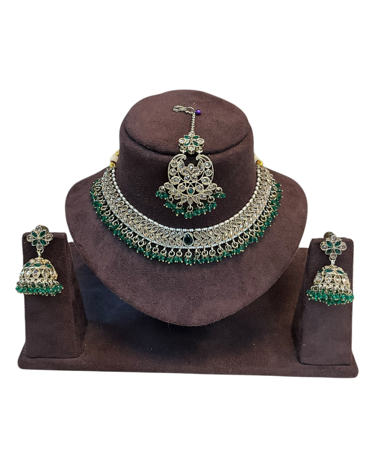 Green - Medium Size Antique Gold Finish Necklace Set with Earrings & Tika Head piece - GGA05 KV 0525 - Prachy Creations