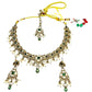 Green - Medium Size Antique Gold Finish Necklace Set with Earrings & Tika Head piece - SAJ04 08C25 - Prachy Creations