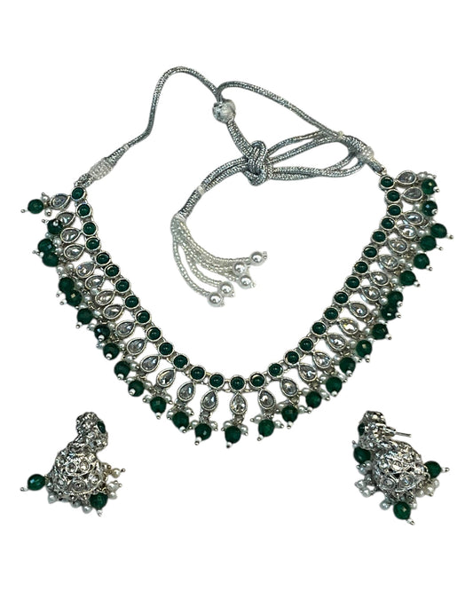 Green - Medium Size Silver Finish Necklace Set with Earrings - RAK381 Rp - Prachy Creations