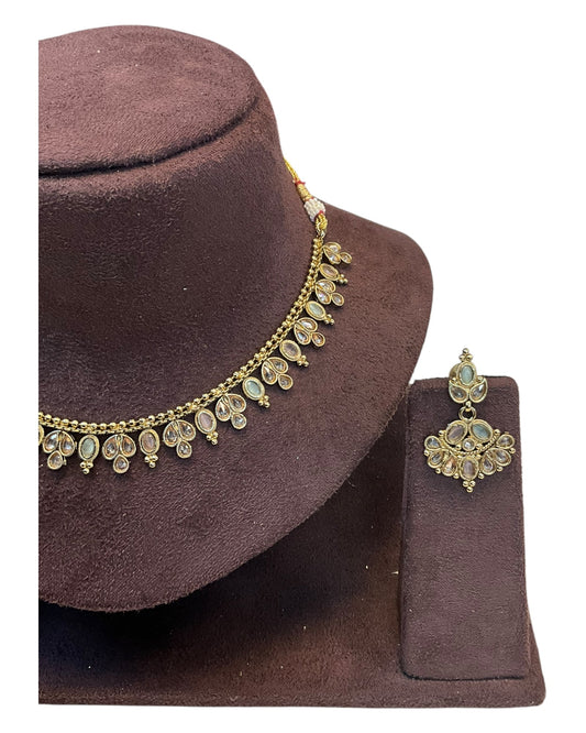 Green / Pink - Small Size Antique Gold Finish Necklace Set - AE2503 R 0525 - Prachy Creations