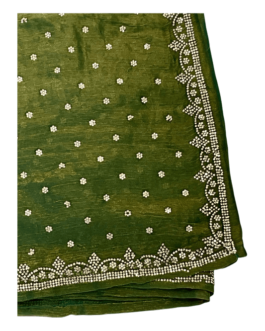 Green - Rich Saree with Stone Work Border and Blouse Piece - UK stock - 24hr Dispatch - RS2501 TH - Prachy Creations