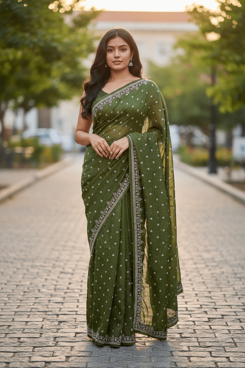 Green - Rich Saree with Stone Work Border and Blouse Piece - UK stock - 24hr Dispatch - RS2501 TH - Prachy Creations