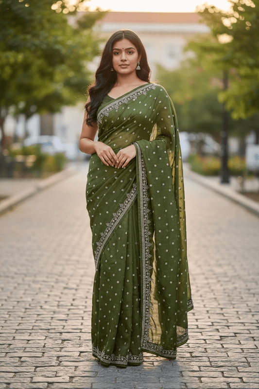 Green - Rich Saree with Stone Work Border and Blouse Piece - UK stock - 24hr Dispatch - RS2501 TH - Prachy Creations