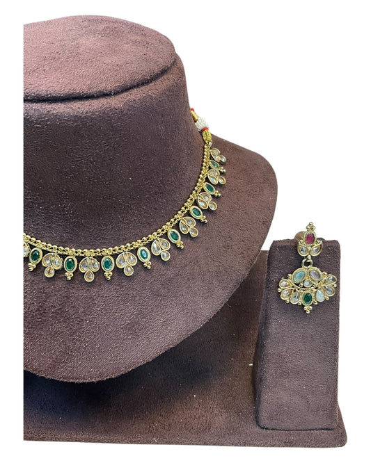 Green - Small Size Antique Gold Finish Necklace Set - AE2503 R 0525 - Prachy Creations