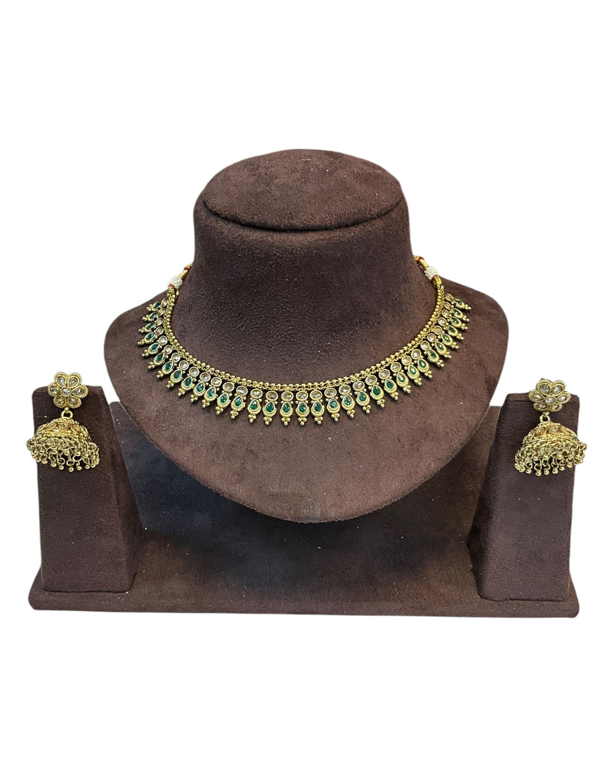 Green - Small Size Antique Gold Finish Necklace Set - AE2507 C 0525 - Prachy Creations