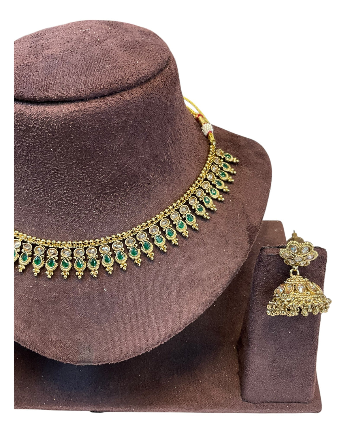 Green - Small Size Antique Gold Finish Necklace Set - AE2507 C 0525 - Prachy Creations