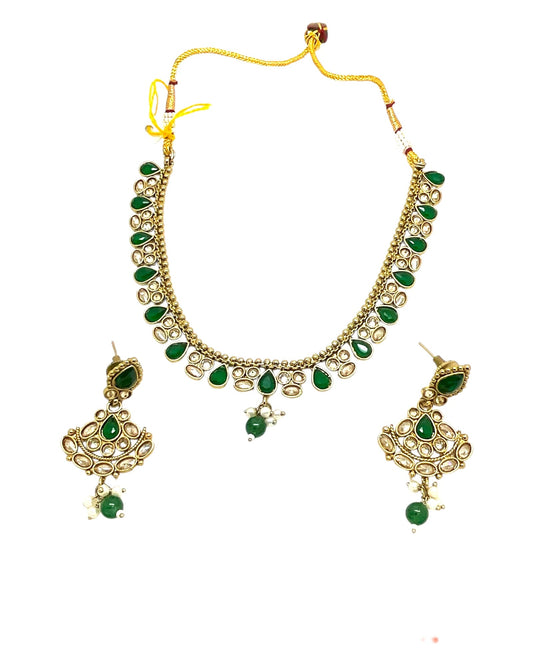 Green - Small Size Antique Gold Finish Necklace Set with Earrings - Bollywood - AE2518 08A25 - Prachy Creations