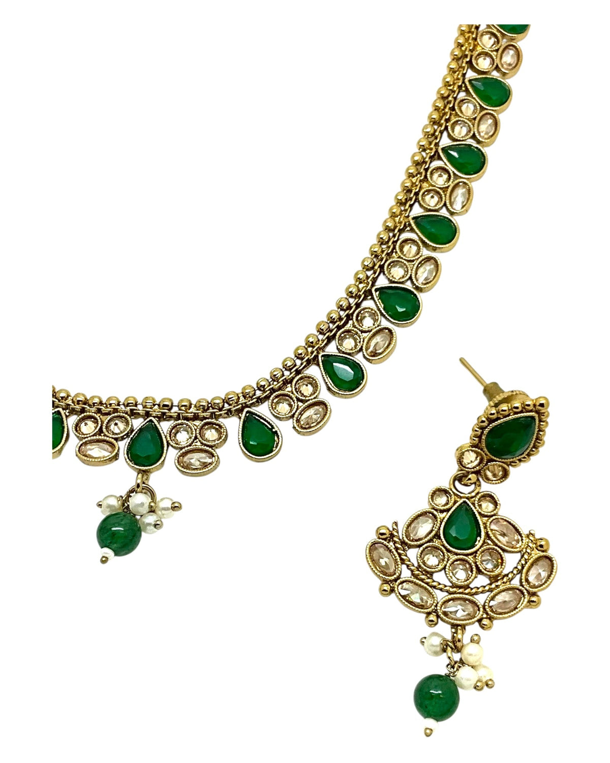 Green - Small Size Antique Gold Finish Necklace Set with Earrings - Bollywood - AE2518 08A25 - Prachy Creations
