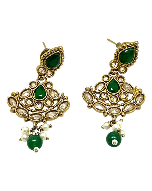 Green - Small Size Antique Gold Finish Necklace Set with Earrings - Bollywood - AE2518 08A25 - Prachy Creations
