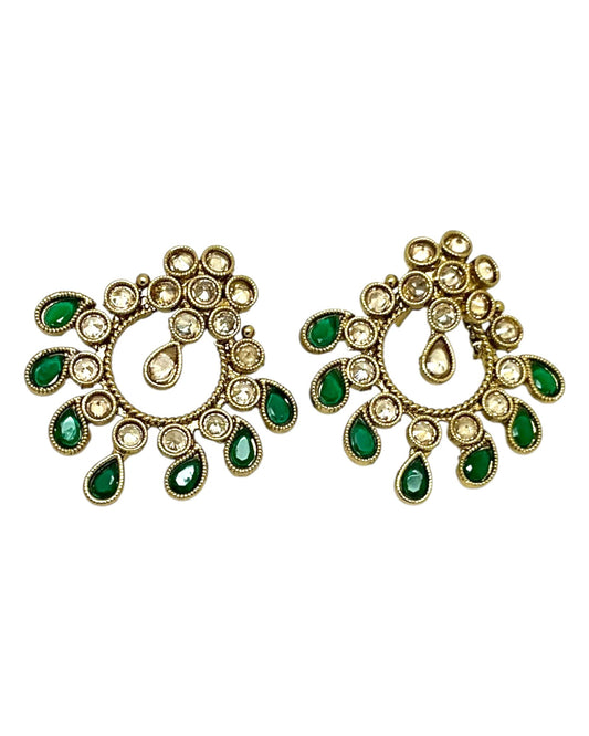 Green - Small Size Antique Gold Finish Necklace Set with Earrings - Bollywood - AE2519 08C25 - Prachy Creations