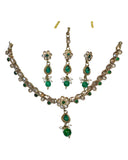 Green - Small Size Antique Gold Finish Necklace Set with Earrings & Head Piece /Tika- SLV78 11Ap24 - Prachy Creations