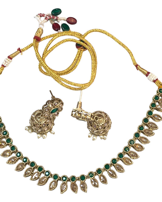Green - Small Size Antique Gold Finish Necklace Set with Earrings - SV2404 C 0424 - Prachy Creations