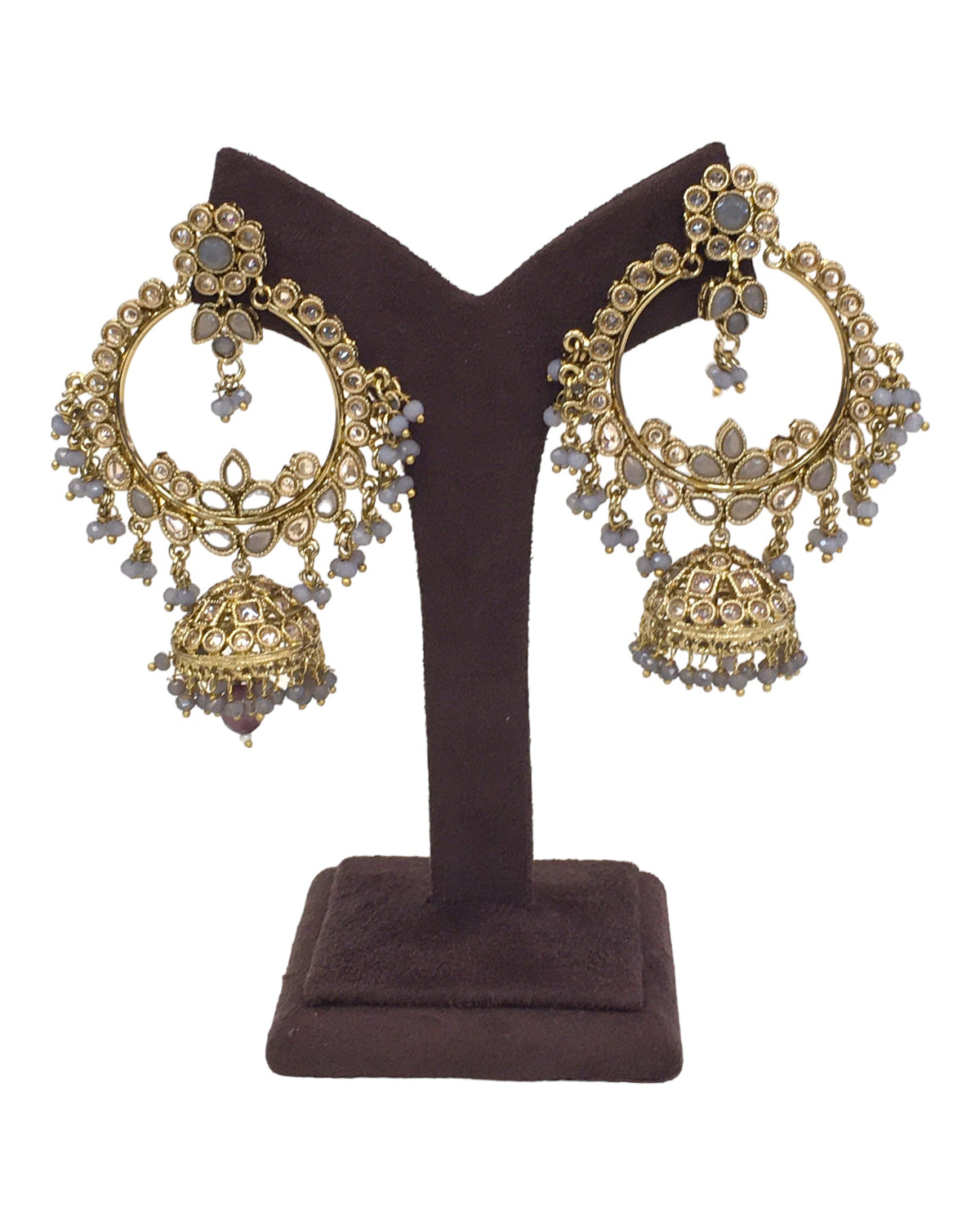 Grey - Antique Gold Finish Traditional Indian Earrings - NIR785 Ap 0523 - Prachy Creations