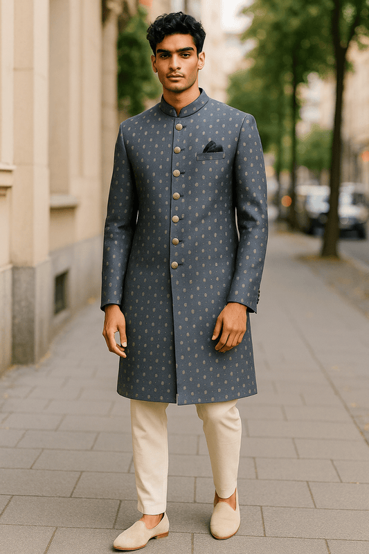 Grey - Classic Banarasi Handloom Brocade Sherwani with Gold Buttons - UK Stock - BS787 08JC25 - Prachy Creations