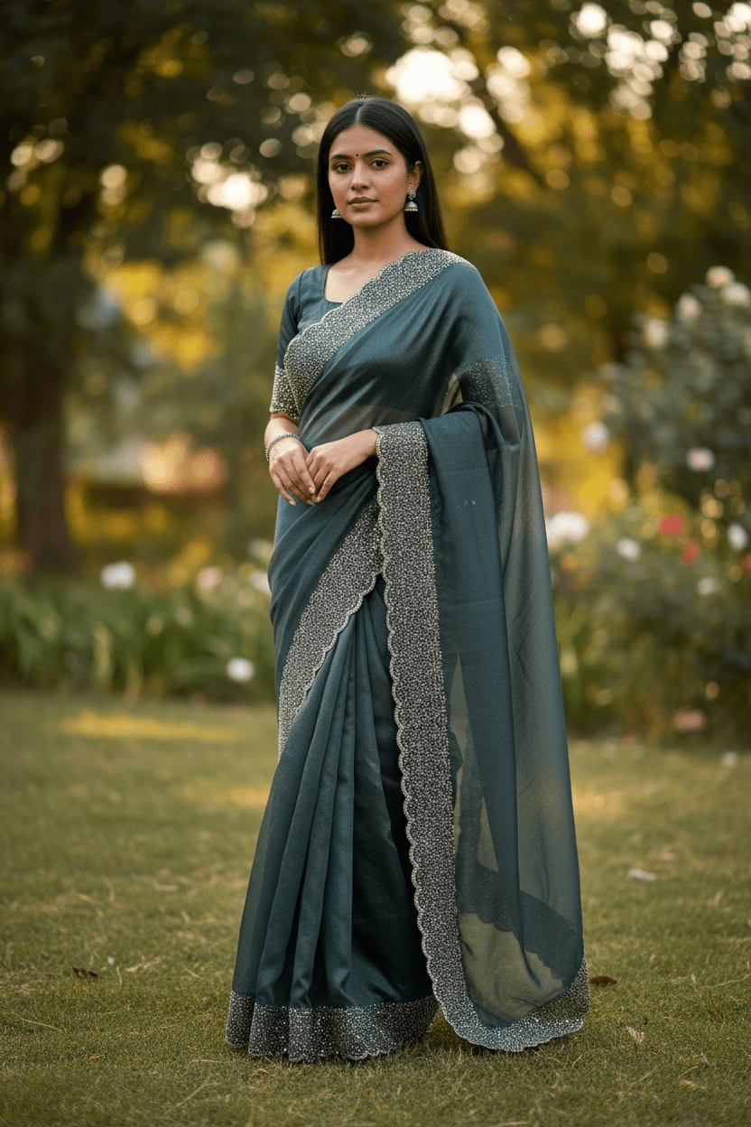 Grey - Classic Saree with Stone Work Border and Blouse Piece - UK stock - 24hr Dispatch - RS2538 VP - Prachy Creations