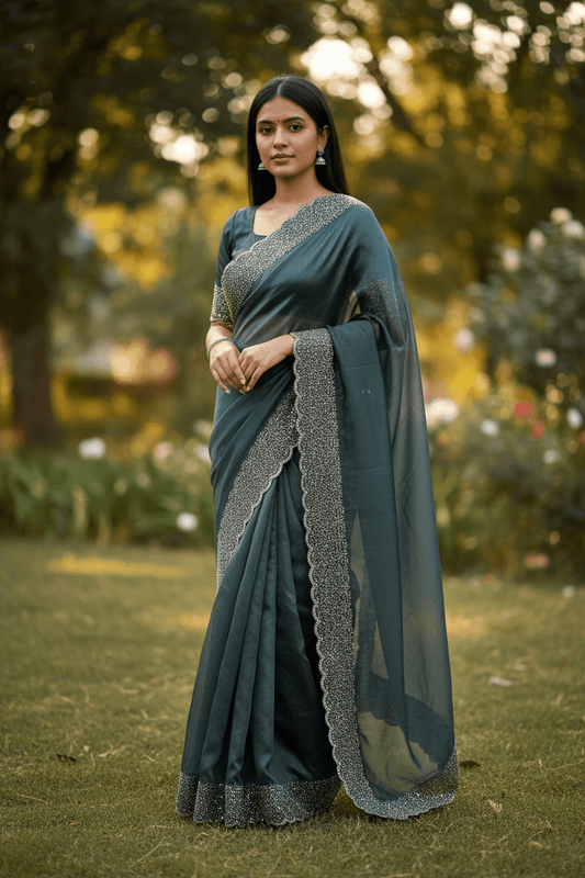 Grey - Classic Saree with Stone Work Border and Blouse Piece - UK stock - 24hr Dispatch - RS2538 VP - Prachy Creations