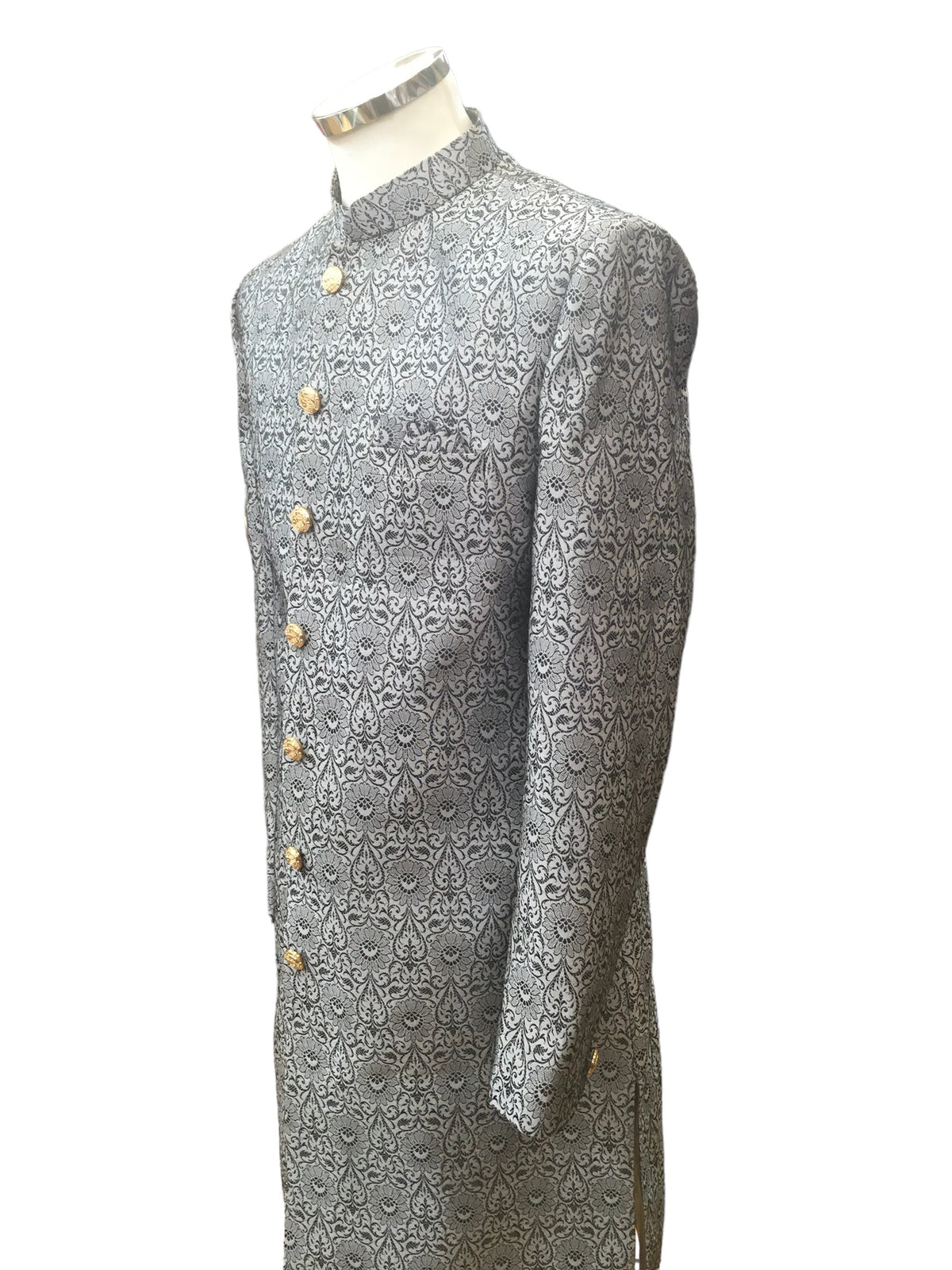 Grey - Classic Self Brocade Sherwani with Gold Buttons - BS786 JP 0823 - Prachy Creations