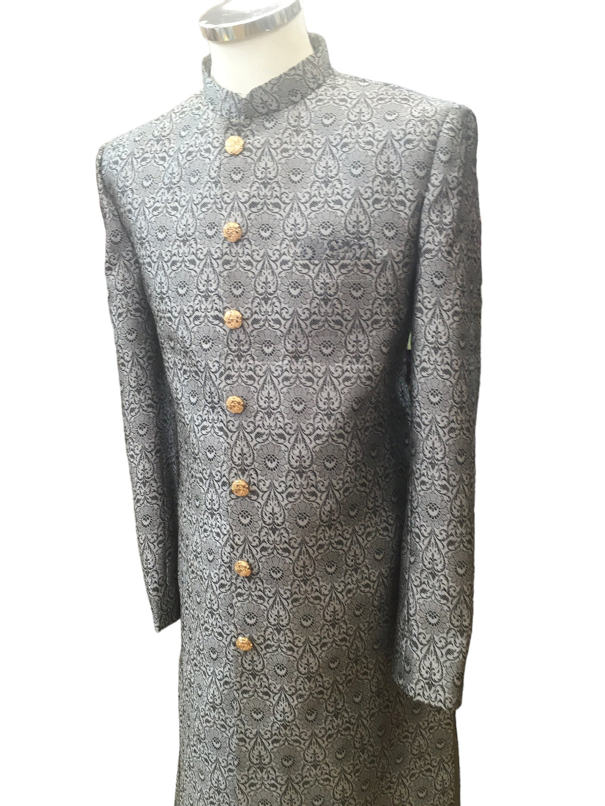 Grey - Classic Self Brocade Sherwani with Gold Buttons - BS786 JP 0823 - Prachy Creations