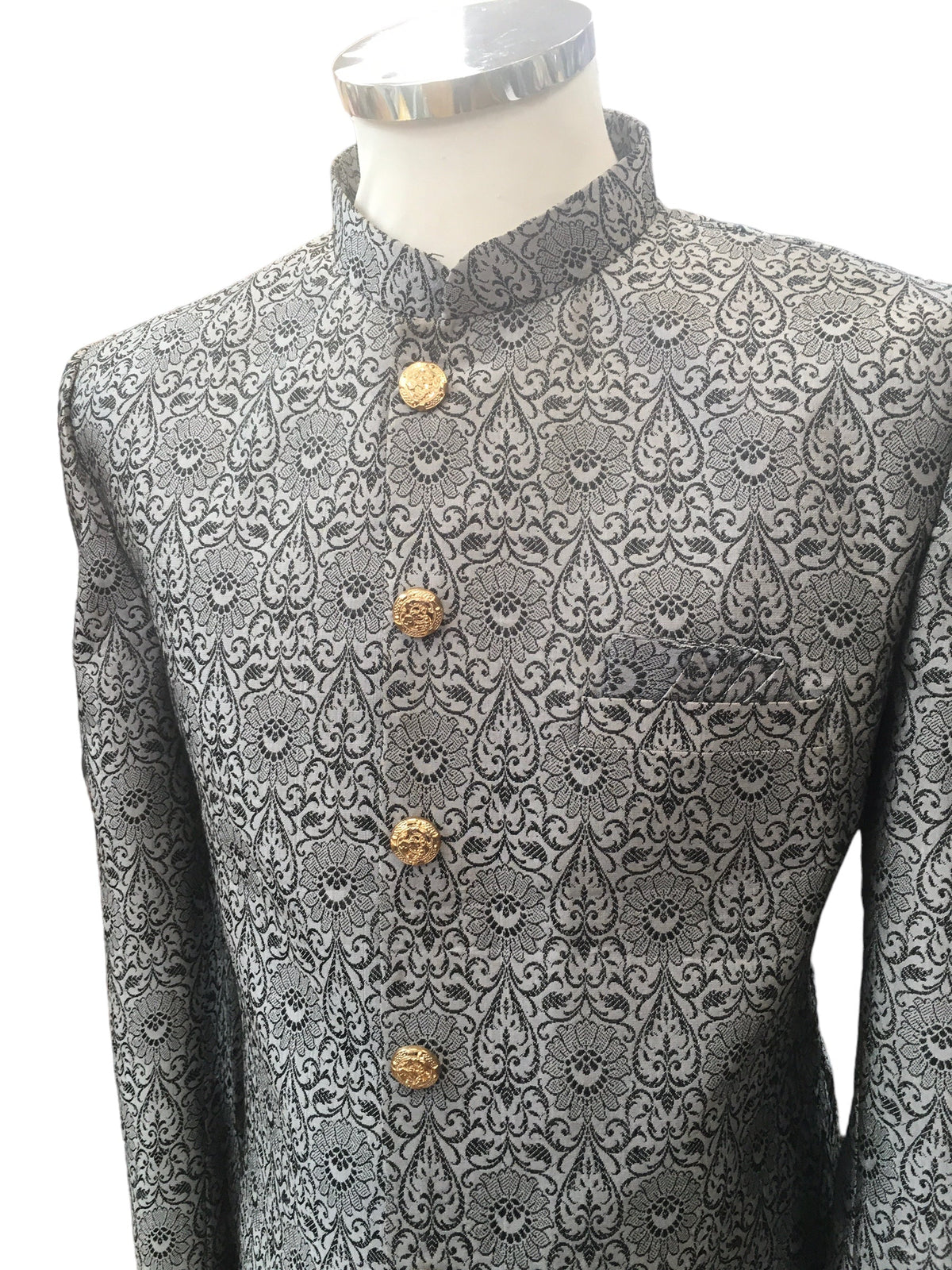 Grey - Classic Self Brocade Sherwani with Gold Buttons - BS786 JP 0823 - Prachy Creations