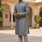 Grey - Classic Self Brocade Sherwani with Gold Buttons - BS786 JP 0823 - Prachy Creations