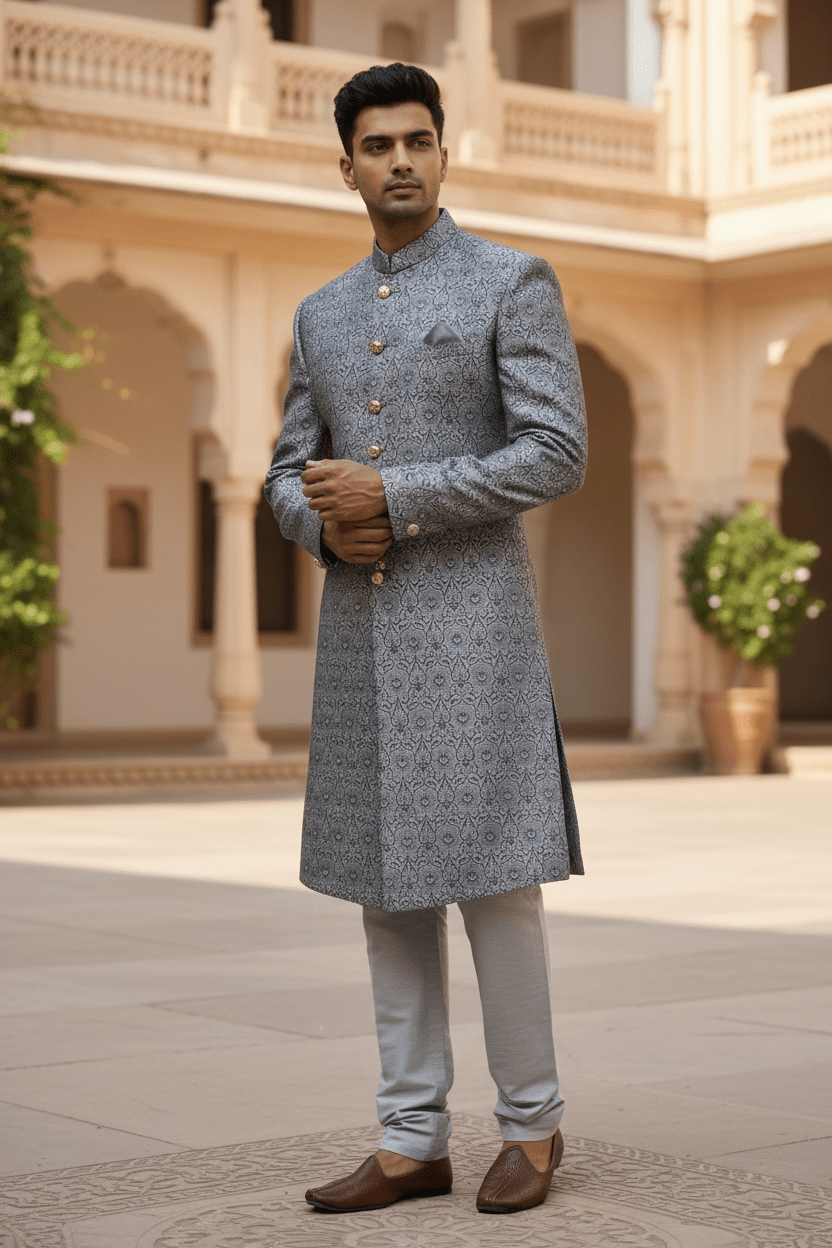 Grey - Classic Self Brocade Sherwani with Gold Buttons - BS786 JP 0823 - Prachy Creations