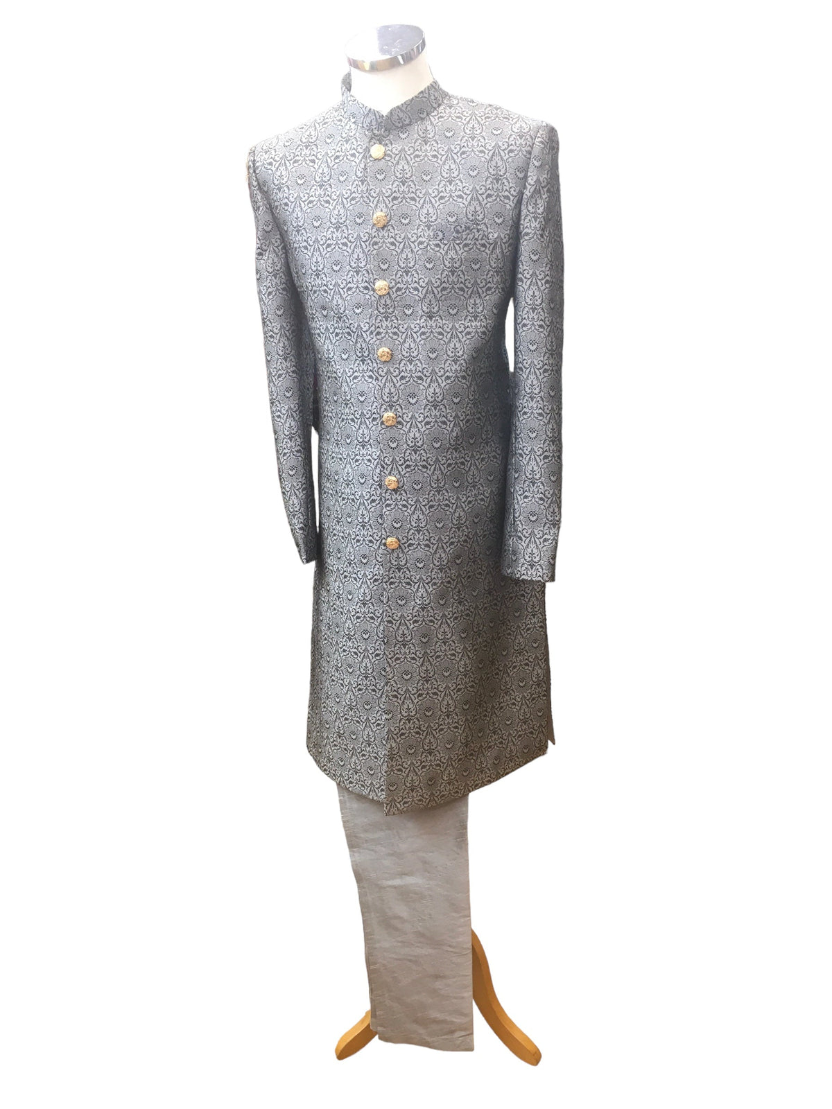 Grey - Classic Self Brocade Sherwani with Gold Buttons - BS786 JP 0823 - Prachy Creations