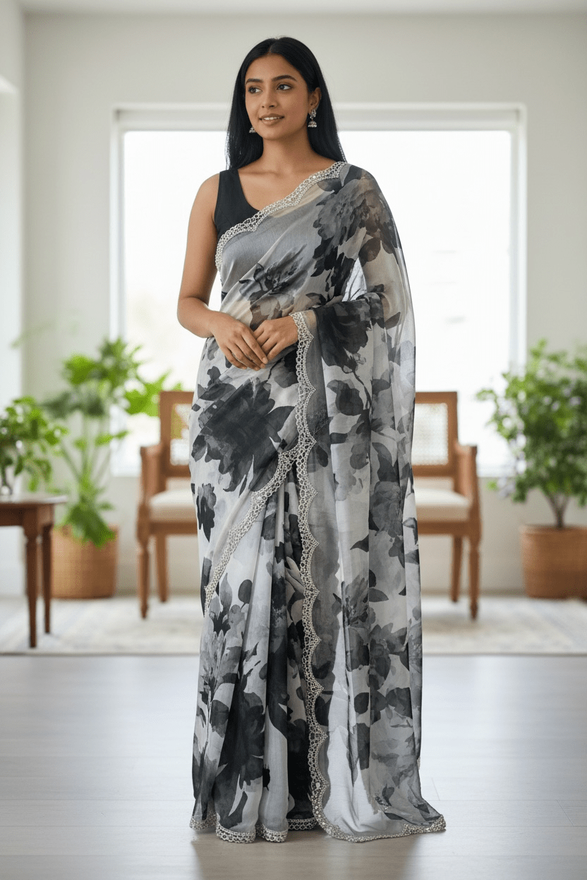 Grey Floral - Classic Satin Crepe Saree with Stone Work and Blouse Piece - UK stock - 24hr Dispatch - RS2535 VR - Prachy Creations