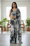 Grey Floral - Classic Satin Crepe Saree with Stone Work and Blouse Piece - UK stock - 24hr Dispatch - RS2535 VR - Prachy Creations