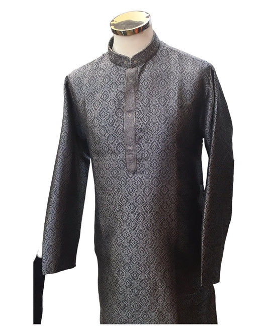 Grey - Handloom Self Brocade Mens Indian Kurta set - Weddings / Walimas , Sangeet, Eid, Mehndi / Henna - KCS2405 08KP24 - Prachy Creations