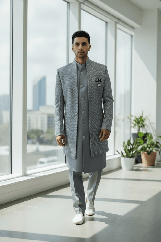 Grey - PREMIUM Mens Knee Length Jacket with Long Waistcoat - Sherwani / Indo Western - Fantastic Fit - KCS6633 05RY25 - Prachy Creations