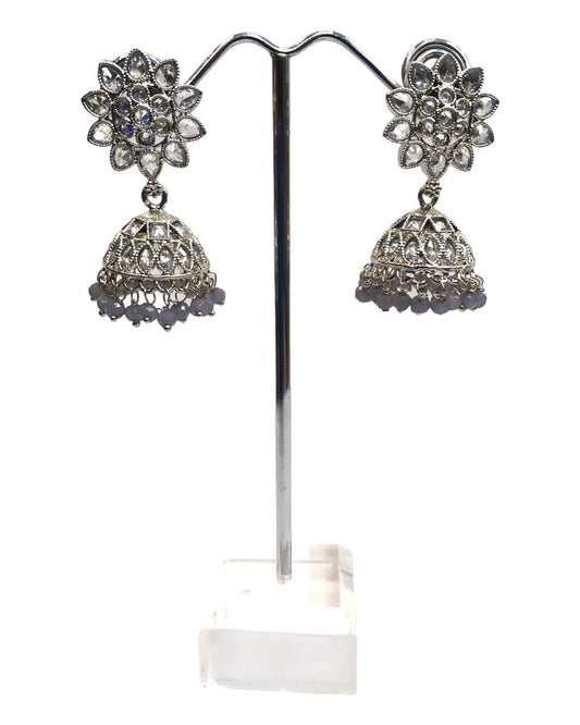 Grey - Small Silver Finish Traditional Zhumki Earrings - Bollywood - Weddings - OMJ2124 J 1023 - Prachy Creations