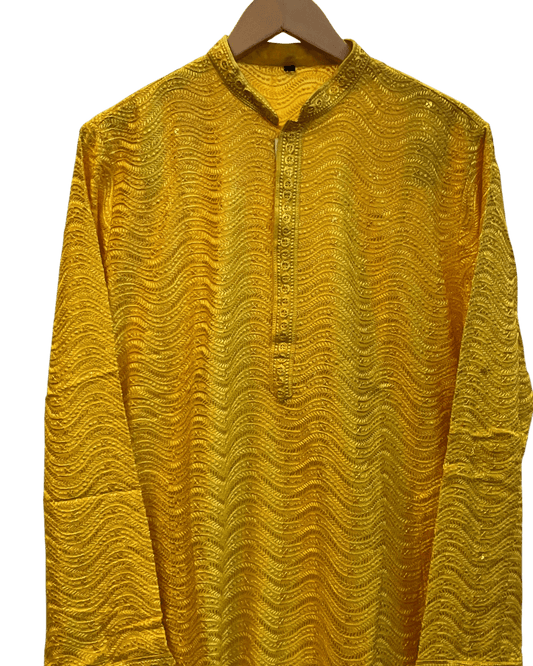 Haldi Yellow - Lucknawi Chikankari Chiffon Self Embroidered Mens Indian Kurta set - Weddings / Walimas , Sangeet, Mehndi / Henna , Eid / Diwali - SHU2607 05KP26 - Prachy Creations